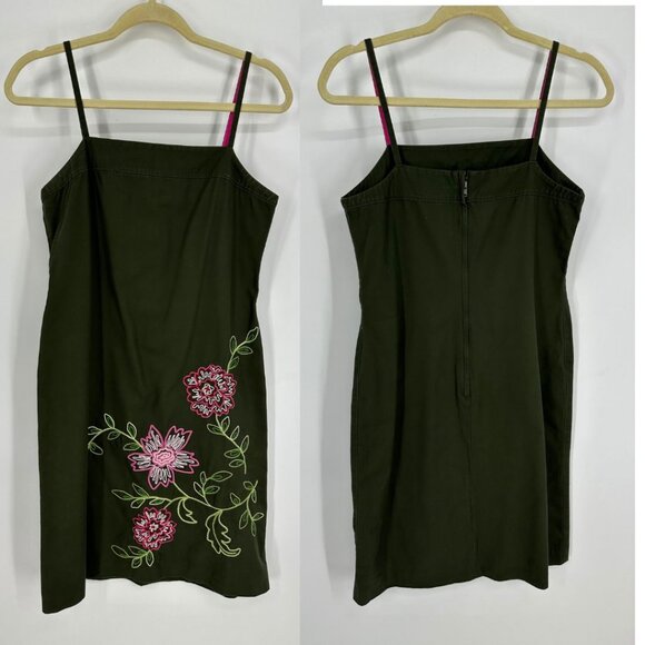 J Crew Embroidered Floral Sheath Dress 6 100% Cotton Sleeveless Olive Green Pink - Picture 1 of 6